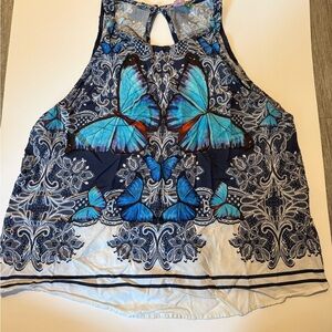 FARM RIO Blue Butterfly Print Racerback Tank Top